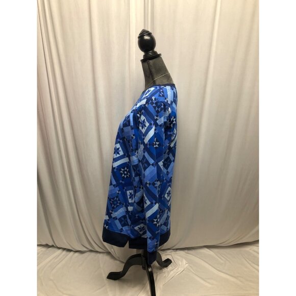 Lands End Serious Sweats Womens Sz Large 14-16 Blue Patchwork Print Long Sleeve - Picture 3 of 9